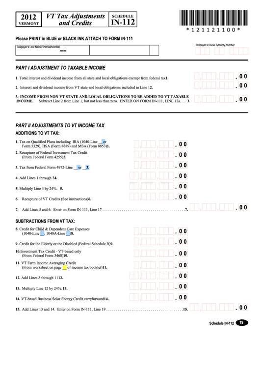 Schedule In112 Vt Tax Adjustments And Credits 2012 printable pdf