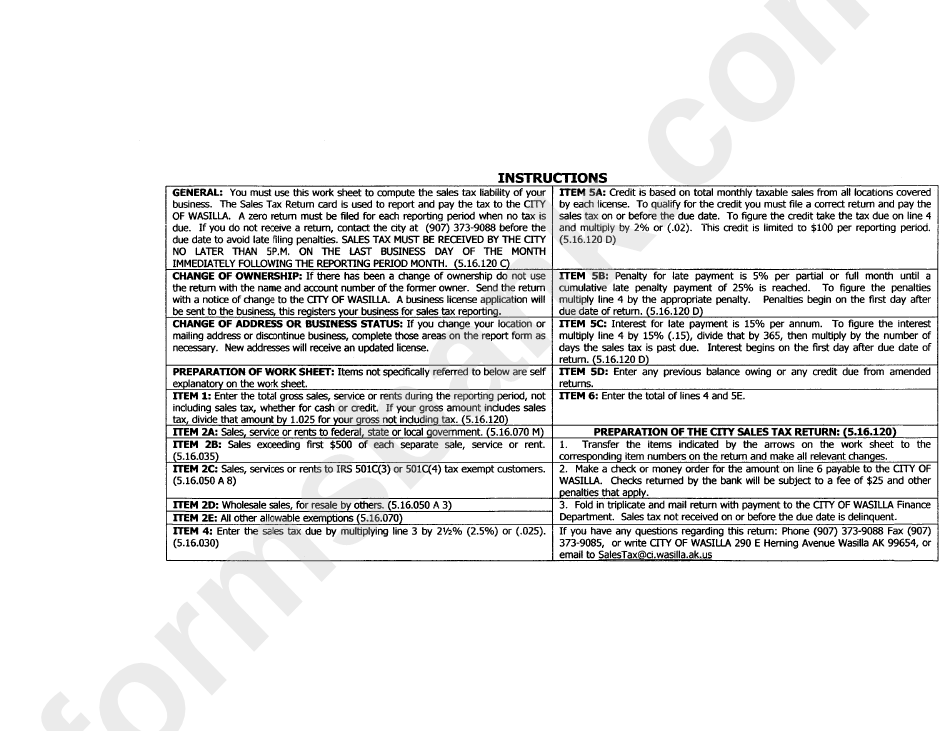 Sales And Use Tax Return Instructions City Of Wasilla printable pdf