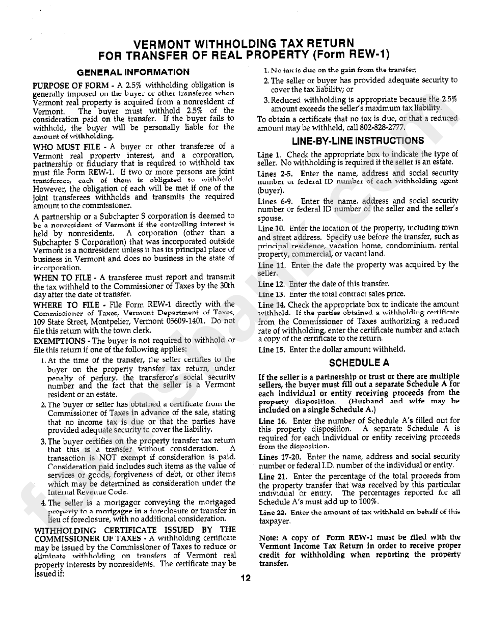 Instructions For Form Rew1 Vermont Withholding Tax Return For