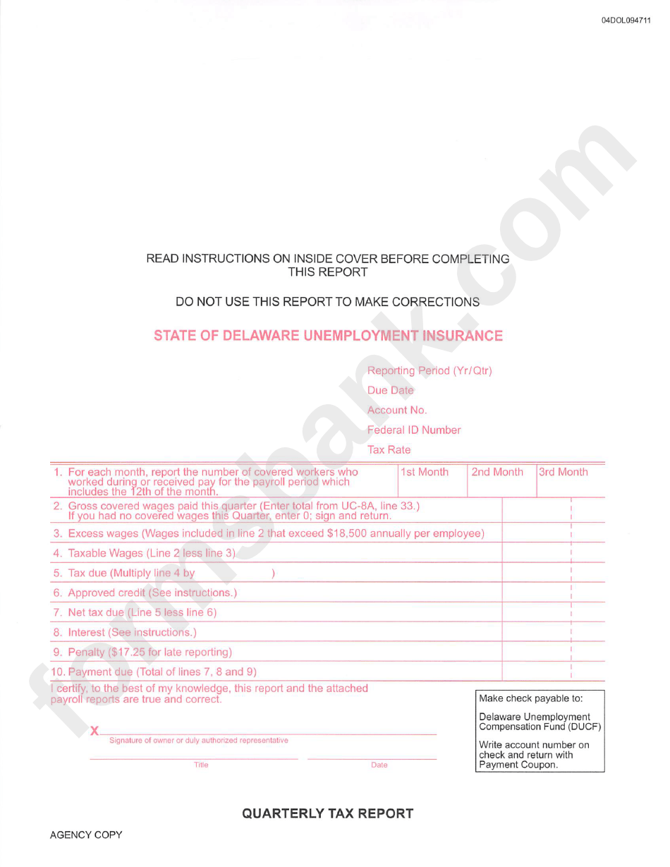 Fillable Quarterly Tax Report Delaware Unemployment Compensation Fund