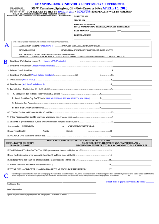 Fillable Springboro Individual Tax Return 2012 printable pdf