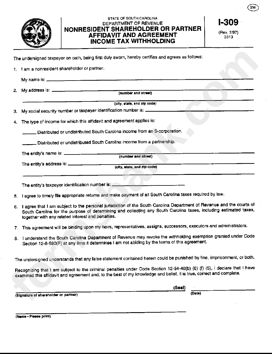 Fillable Form I309 Nonresident Shareholder Or Partner Affidavit And