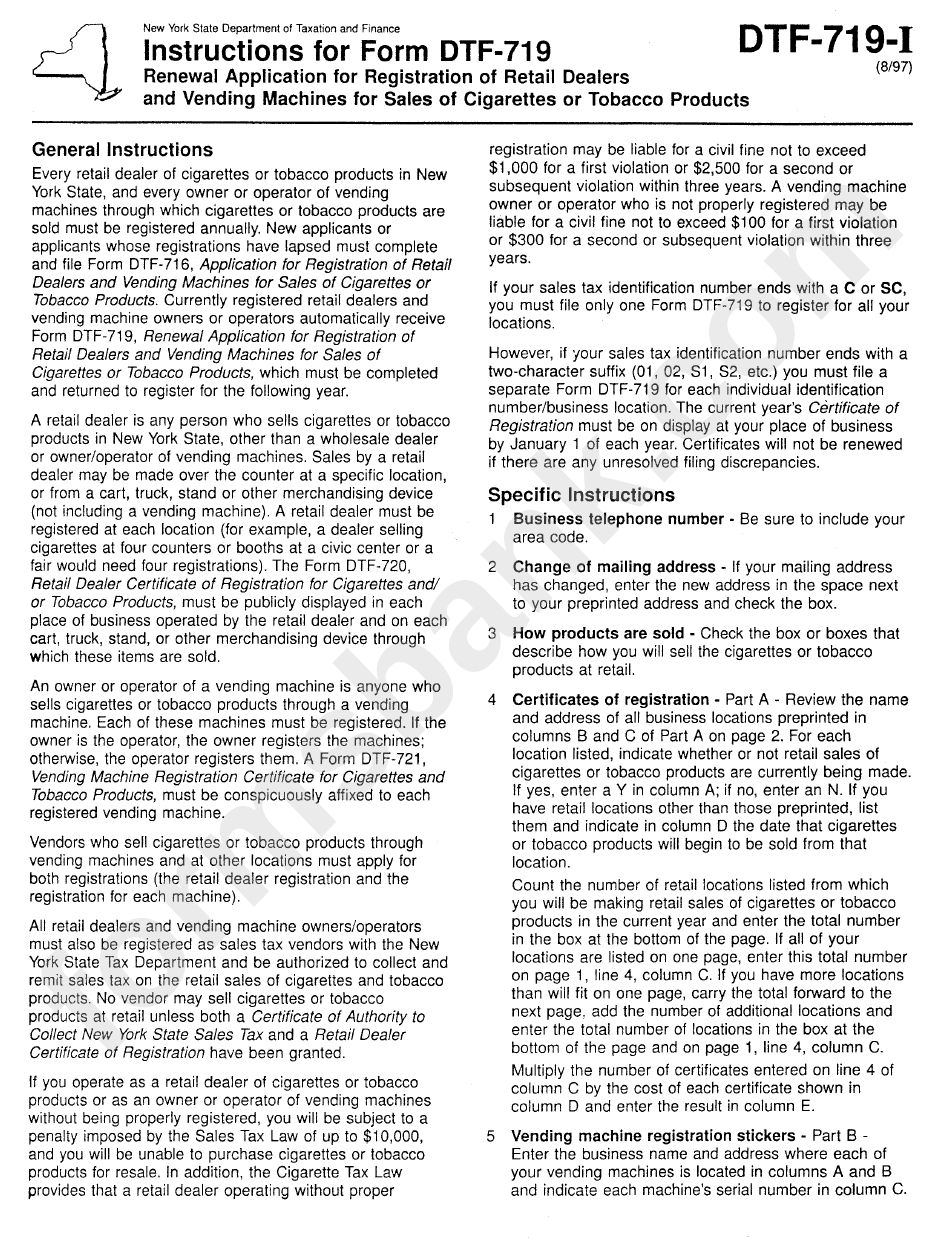 Instructions For Form Dtf719 Renewal Application For Registration Of