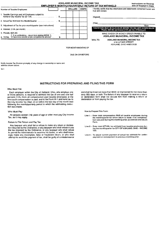 Form W1 Ashland Municipal Tax Employer'S Monthly / Quarterly