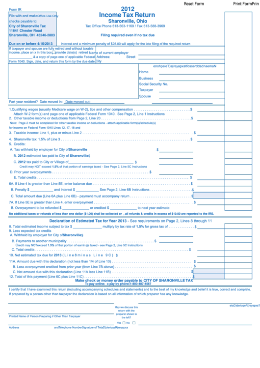Fillable Form Ir Tax Return City Of Sharonville 2012