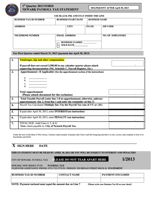 Quarterly Payroll Tax Statement Form City Of Newark 2013 printable