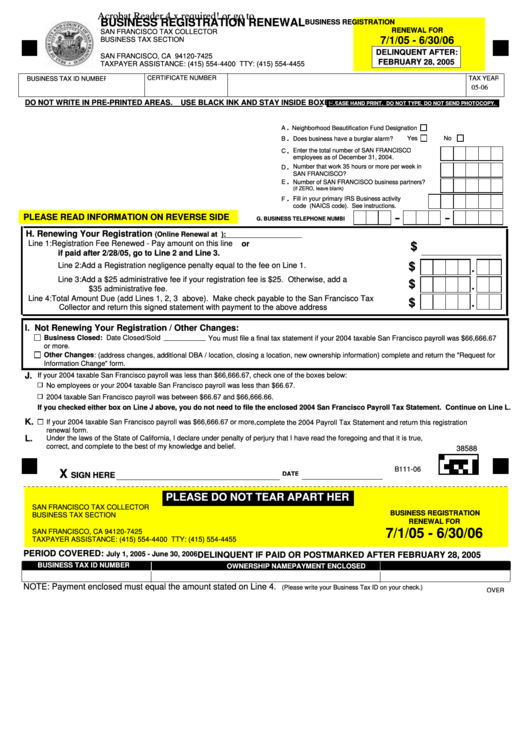 Fillable Business Registration Renewal San Francisco Tax Collector