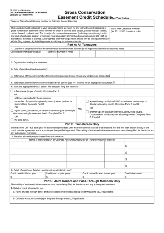 Form Dr 1305 Gross Conservation Easement Credit Schedule printable