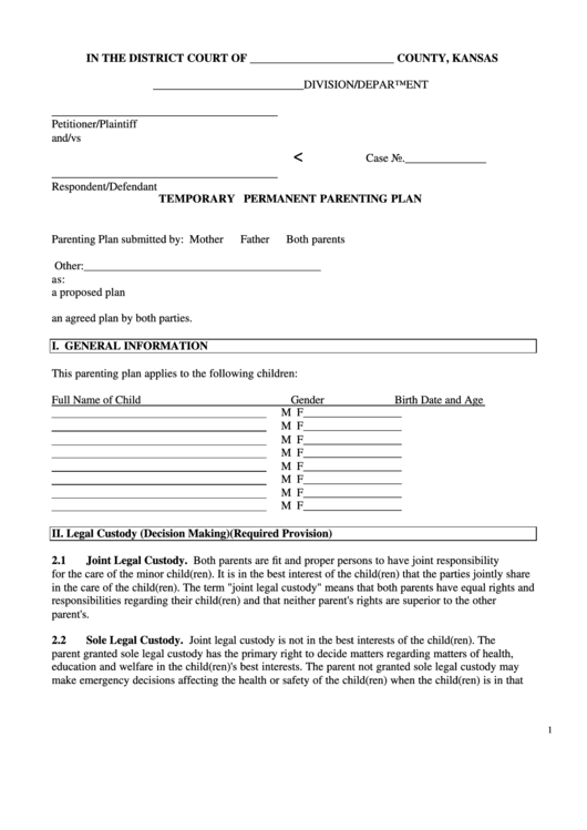 Temporary Permanent Parenting Plan Kansas printable pdf download