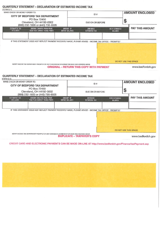 Form Q1 Qarterly Declaration Of Estimated Tax City Of