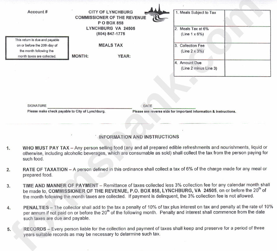 Meals Tax Form City Of Lynchburg Virginia Department Of Revenue