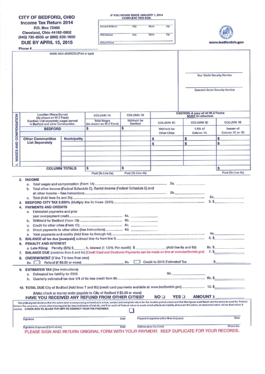 Tax Return City Of Bedford, 2014 printable pdf download