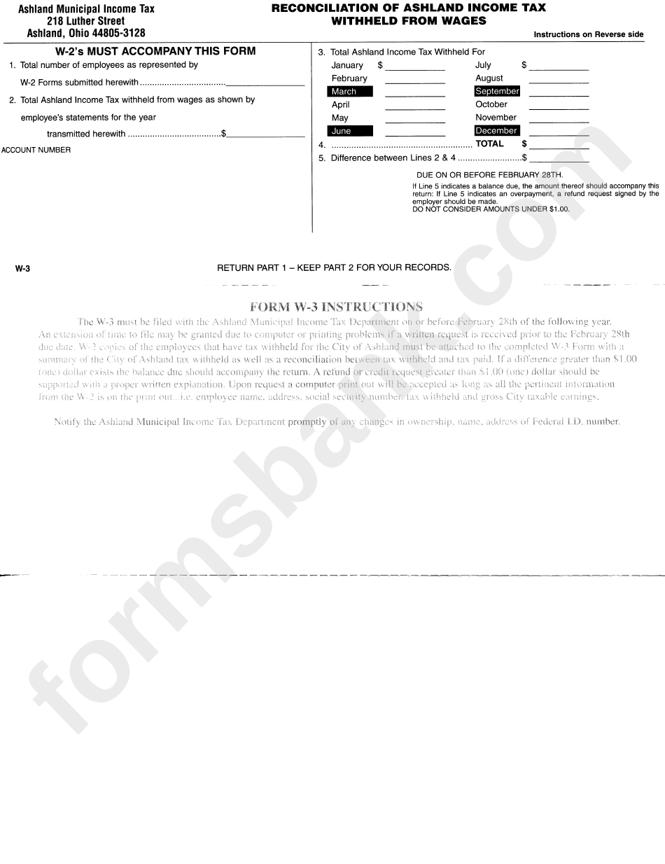Form W3 Reconciliation Of Ashland Tax Withheld From Wages