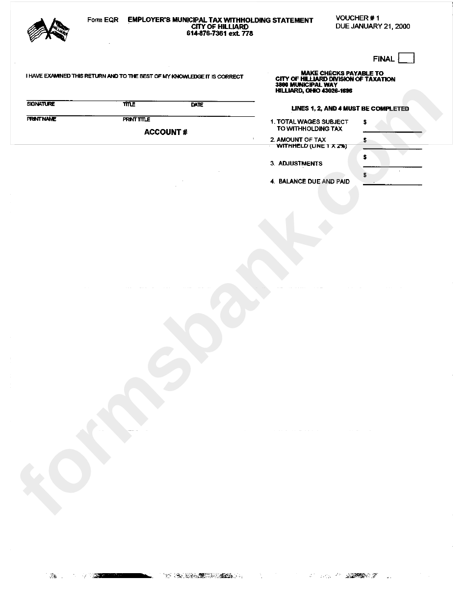 Form Eqr Employer'S Municipal Tax Withholding Statement City Of