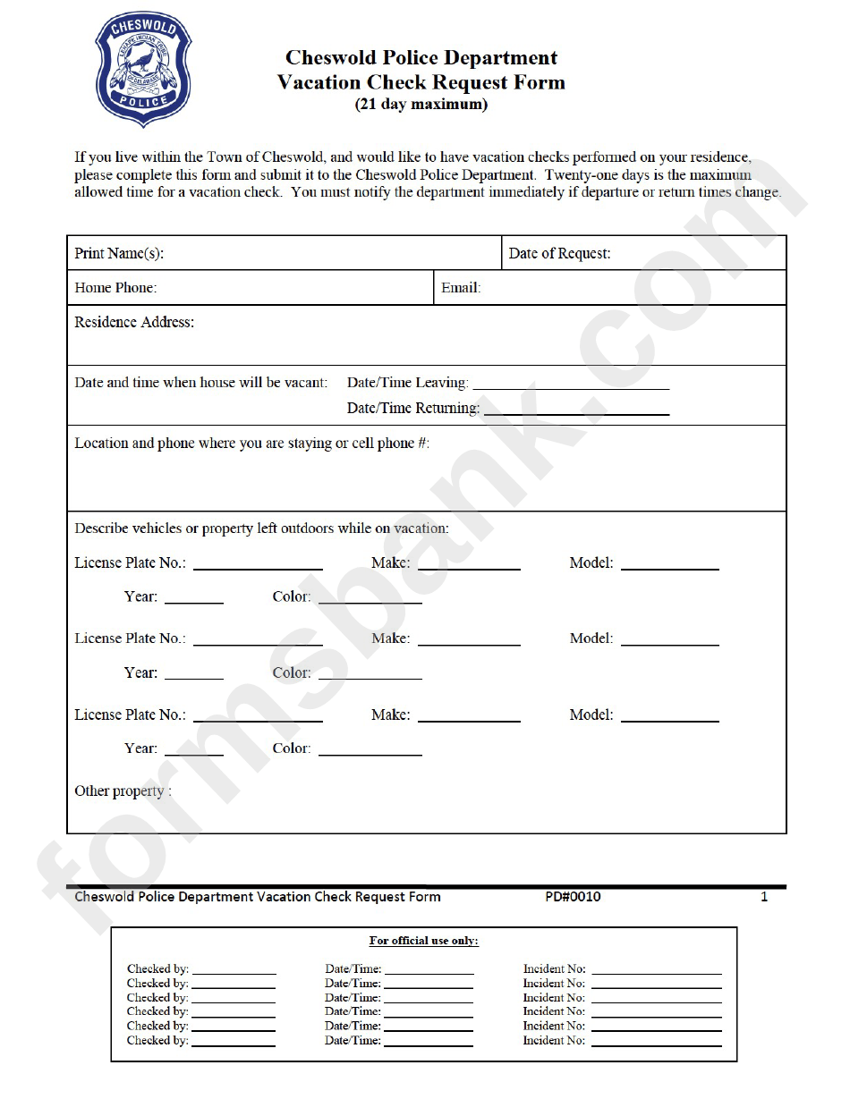 Vacation Check Request Form Cheswold Police Department printable pdf