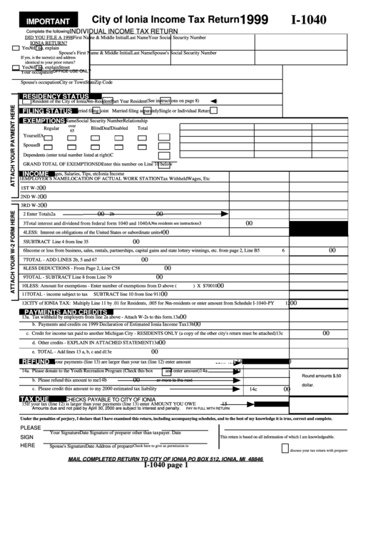 Form I1040 City Of Ionia Tax Return 1999 printable pdf download