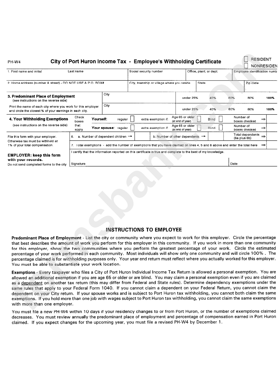 Form PhW4 City Of Port Huron Tax Employee'S Withholding