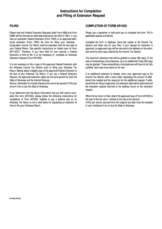Instructions For Completion And Filing Of Extension Request Form Ar1055
