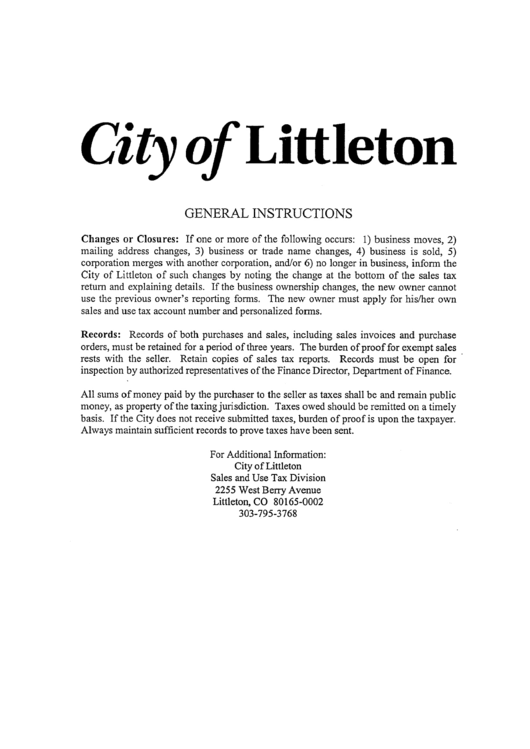 Business Return Tax Instructions City Of Littleton printable pdf download