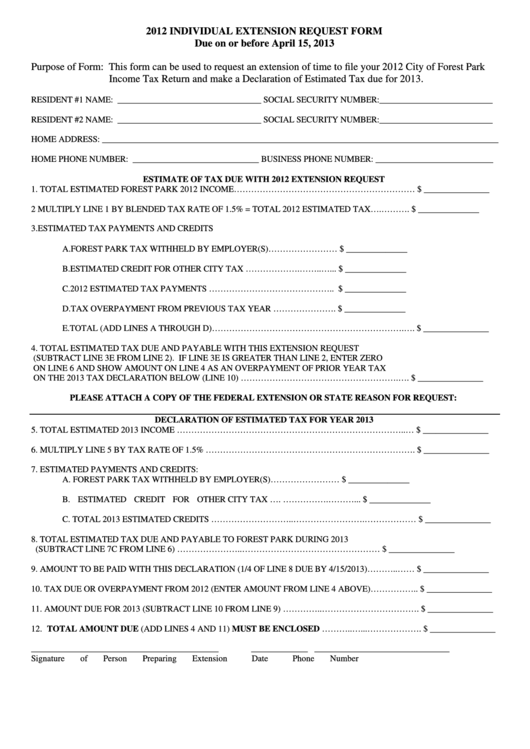 2012 Individual Extension Request Form printable pdf download