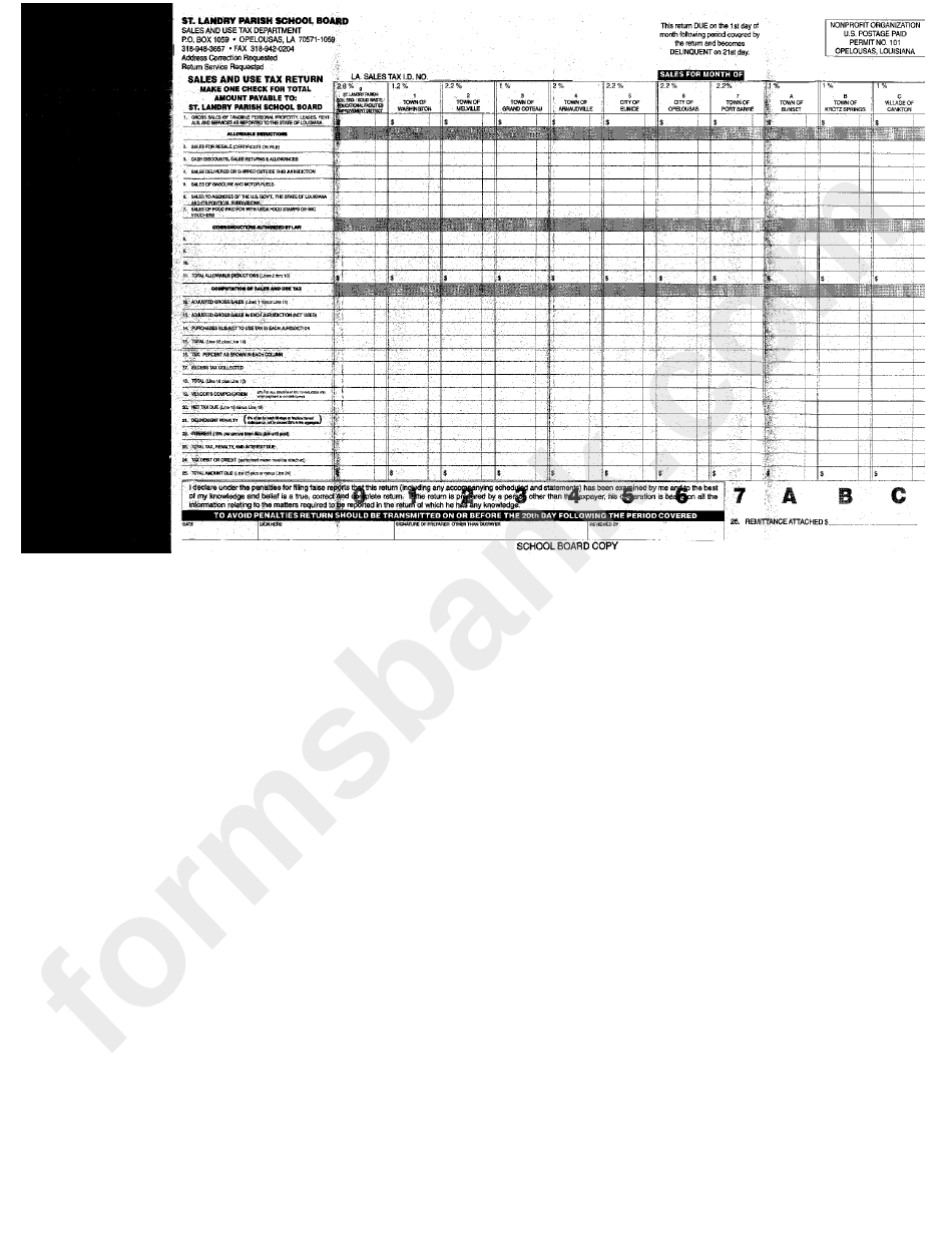 Sales And Use Tax Return St. Landry Parish School Board printable pdf