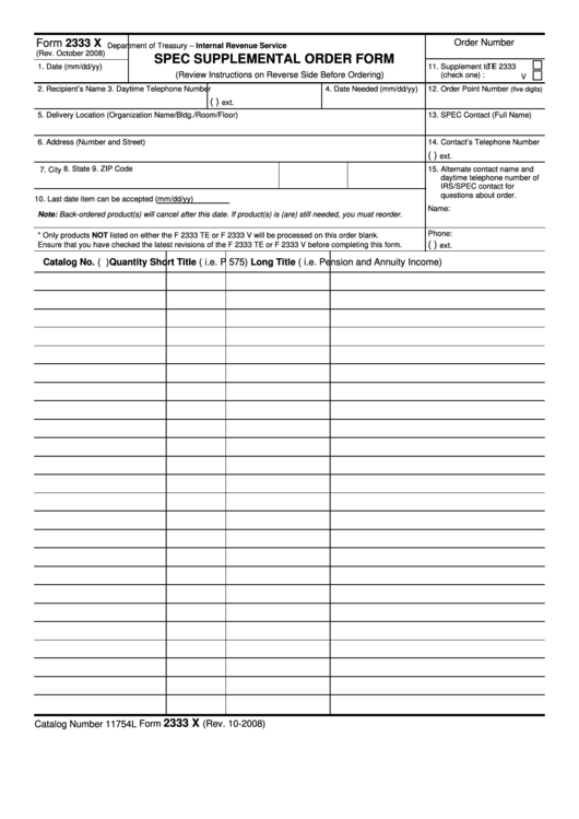 Fillable Form 2333 X Spec Supplemental Order Form 2008 printable