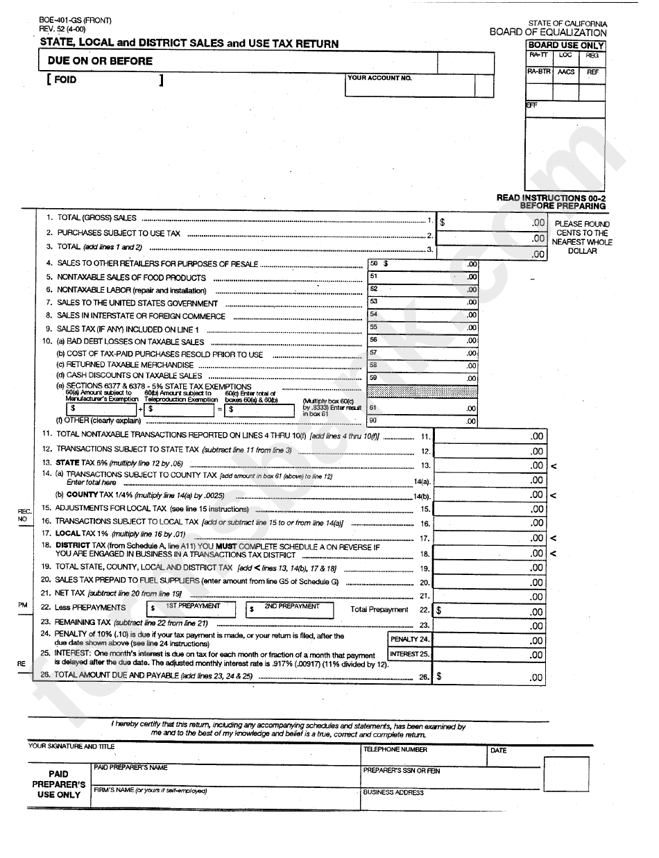 Form Rev. 52 State Local And District Sales And Use Tax Return