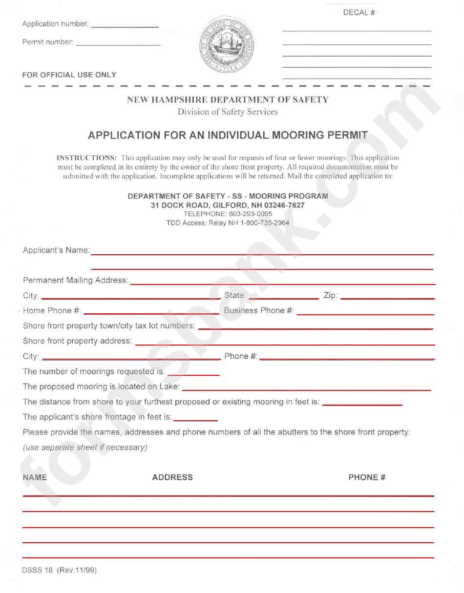 Form Dsss 18 Application For An Individual Mooring Permit 1999