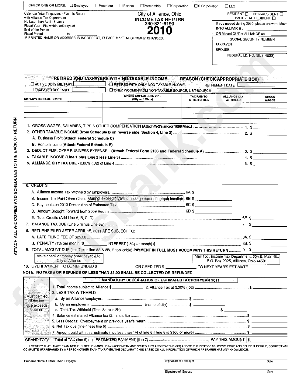 Tax Return City Of Alliance Form 2010 printable pdf download