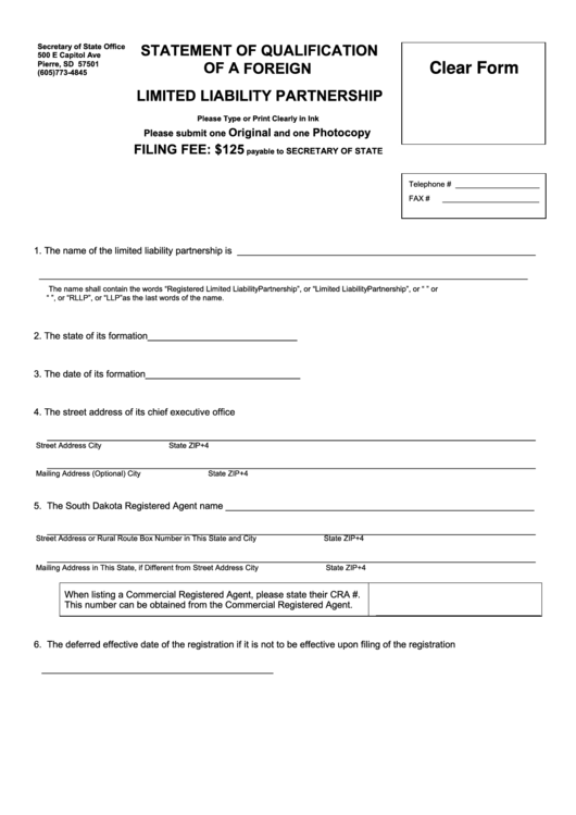 Fillable Statement Of Qualification Of A Foreign Limited Liability