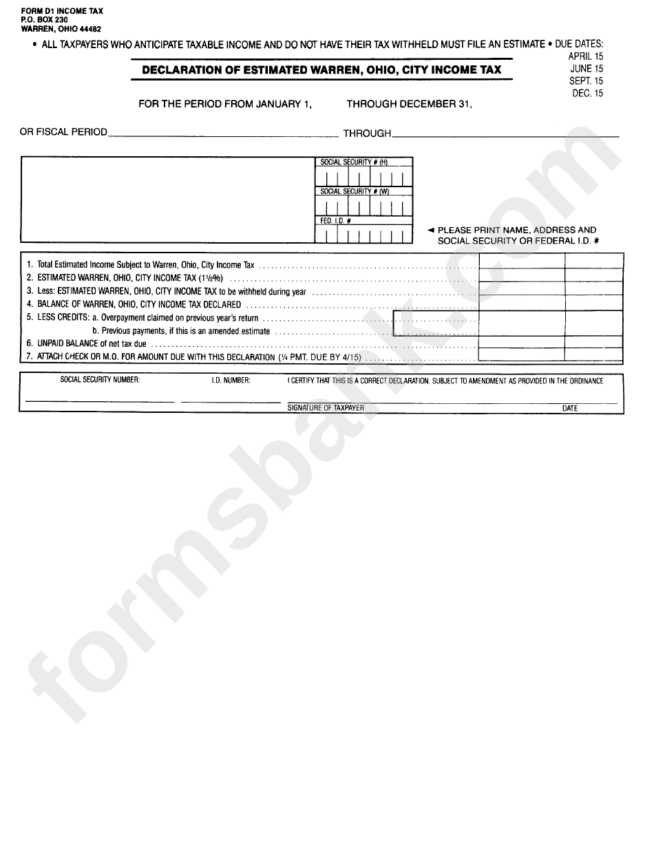 Form 01 Declaration Of Estimated Tax City Of Warren