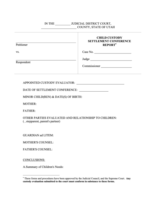 Child Custody Settlement Conference Report printable pdf download