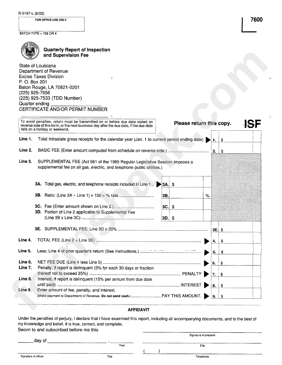 Form R5197L Quarterly Report Of Inspection And Supervision Fee Louisiana Department Of
