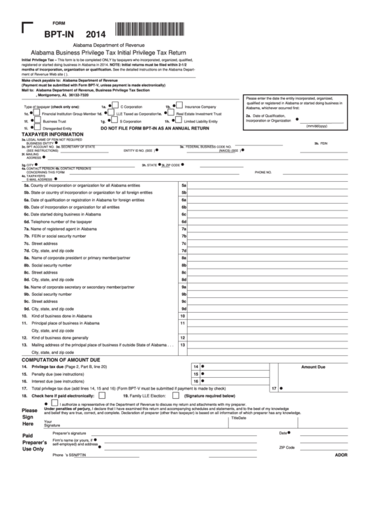 Form BptIn Alabama Business Privilege Tax Initial