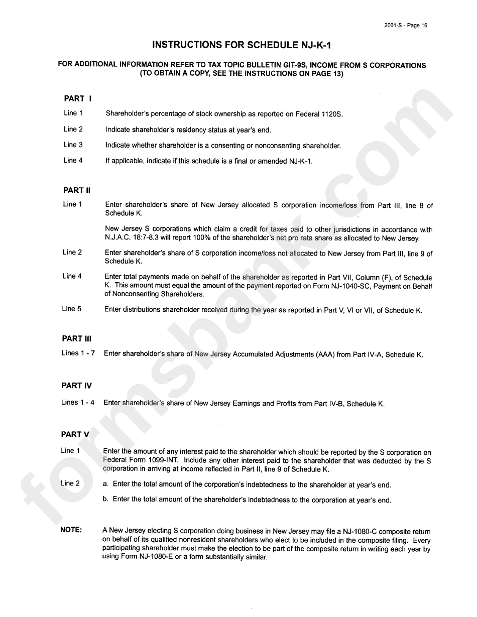 Instructions For Schedule NjK1 From S Corporations New