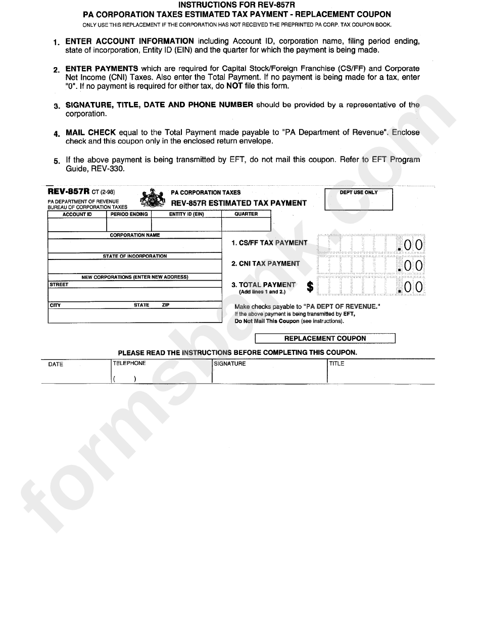 Form Rev857r Pa Corporation Taxes Estimated Tax Payment