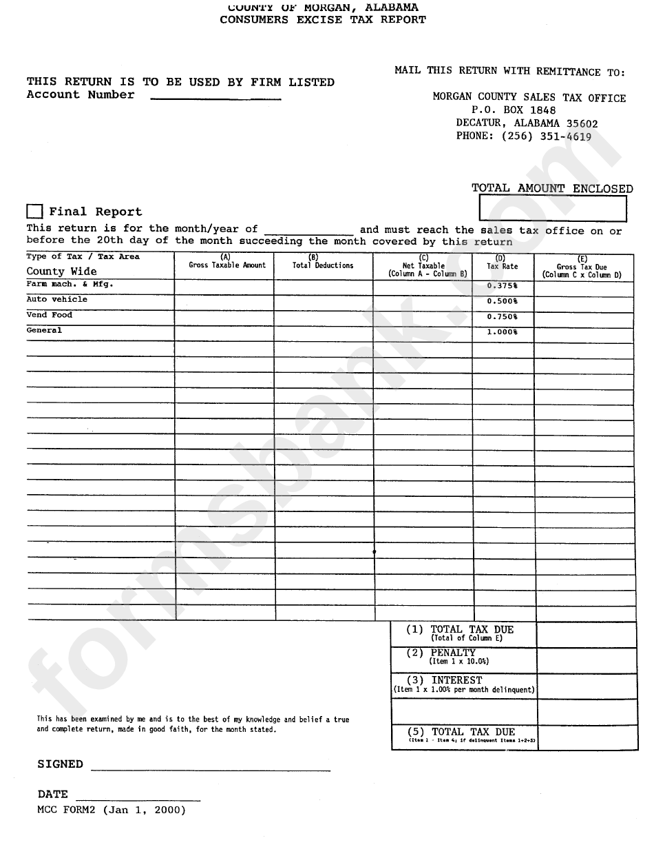 Mcc Form2 Customers Excise Tax Report County Of Alabama printable pdf download