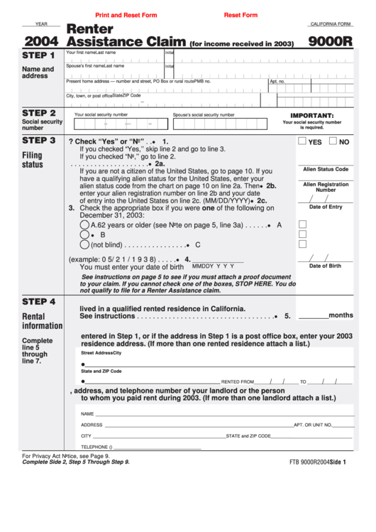Fillable California Form 9000r Renter Assistance Claim 2004
