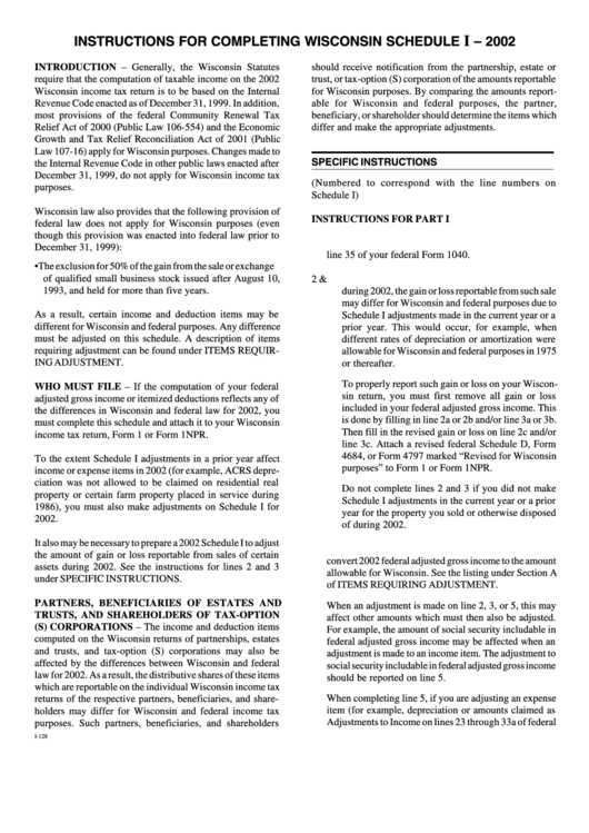 Instructions For Completing Wisconsin Schedule I 2002 printable pdf