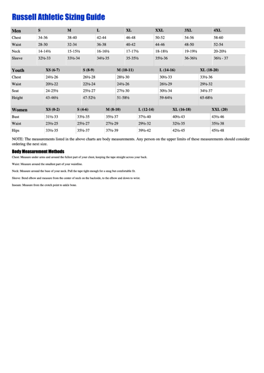 Russell Athletic Sizing Guide printable pdf download