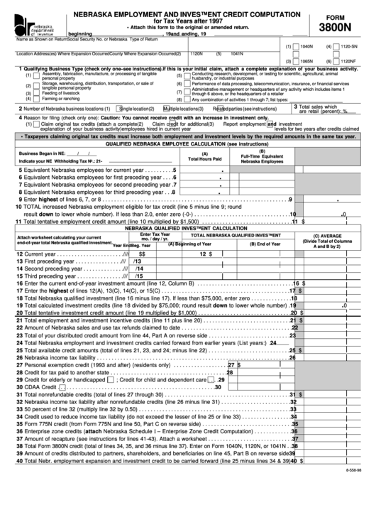 Fillable Form 3800n Nebraska Employment And Investment Credit