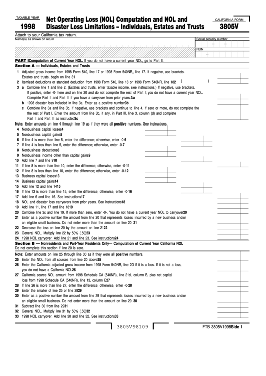 Fillable California Form 3805v Net Operating Loss (Nol) Computation