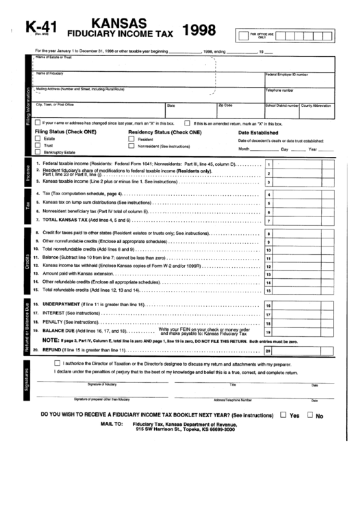 Fillable Form K41 Kansas Fiduciary Tax 1998 printable pdf