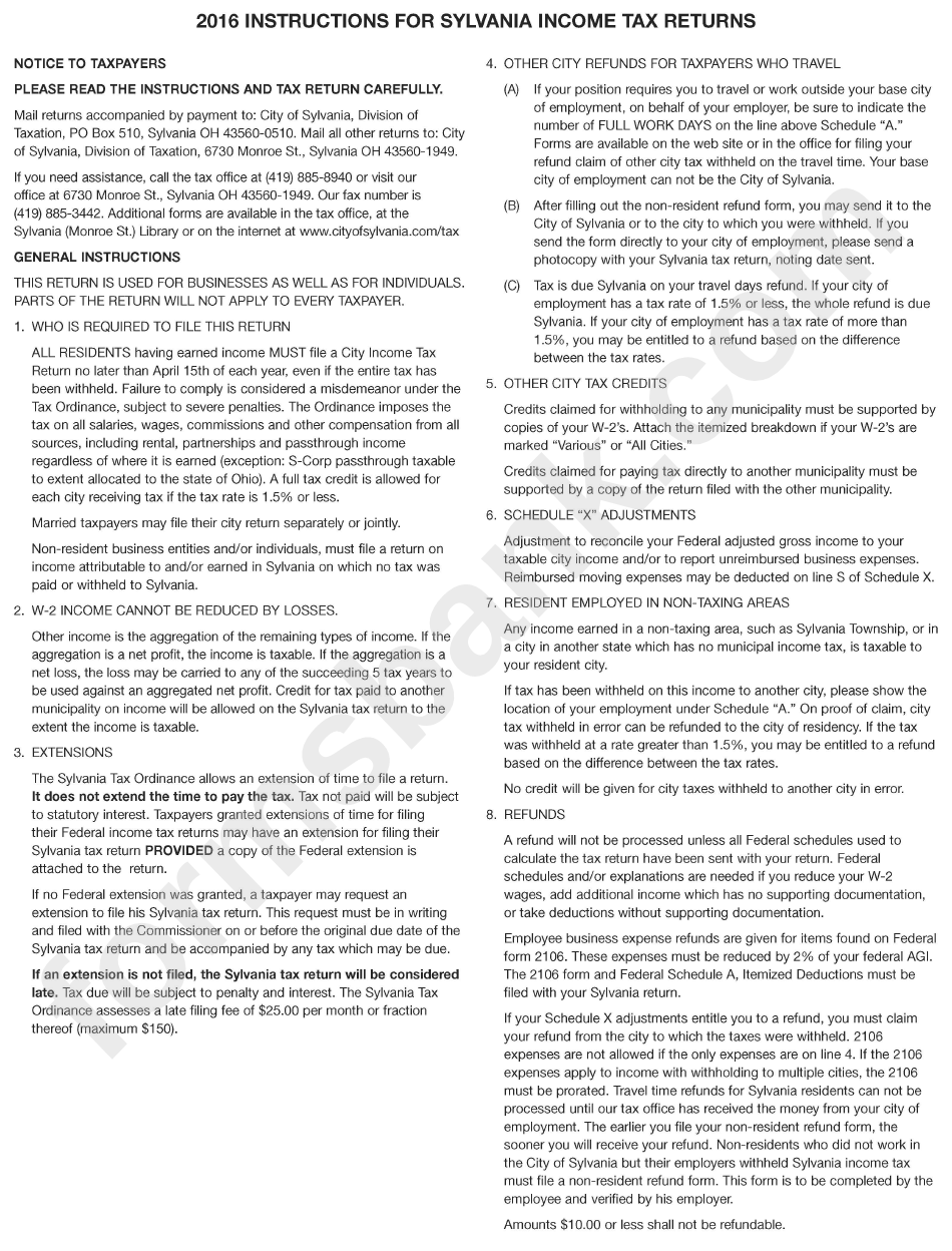 Imstructions For Sylvania Tax Returns 2016 printable pdf download