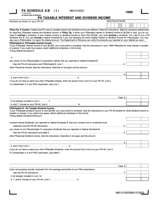 Fillable Pa Taxable Interest And Dividend Form Pa Schedule A/b