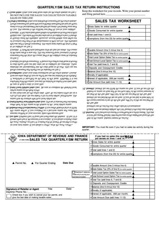 Fillable Form 31098 Quarterly/sm Sales Tax Return printable pdf download