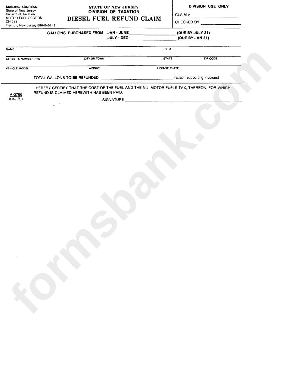 Form A3766 Diesel Fuel Refund Claim printable pdf download