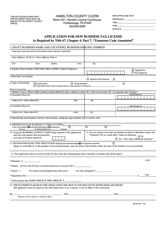 Form Bk209 Application For New Business Tax License Hamilton County