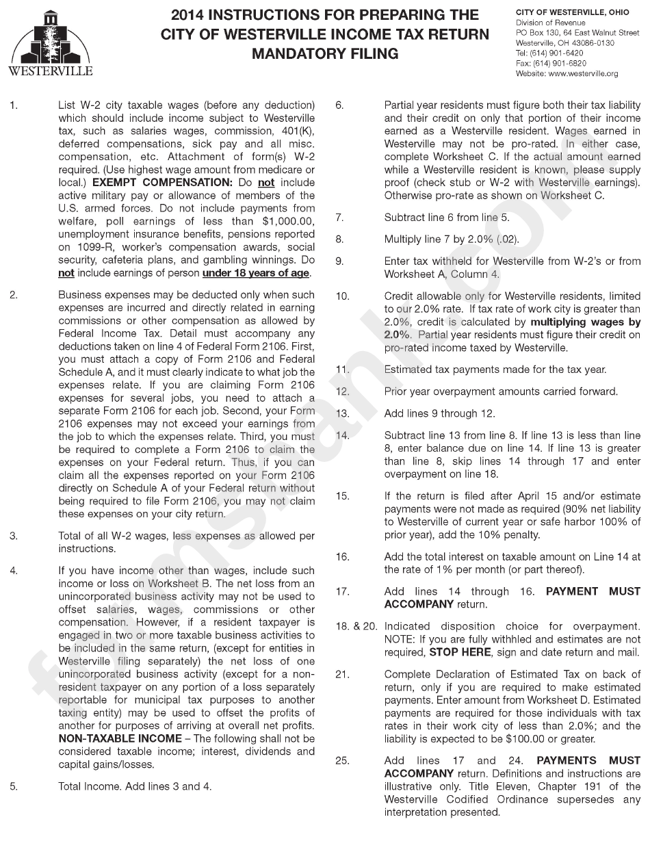 Instructions For Preparing The City Of Westerville Tax Return