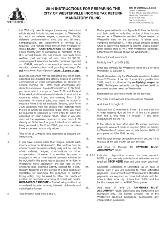 Instructions For Preparing The City Of Westerville Tax Return